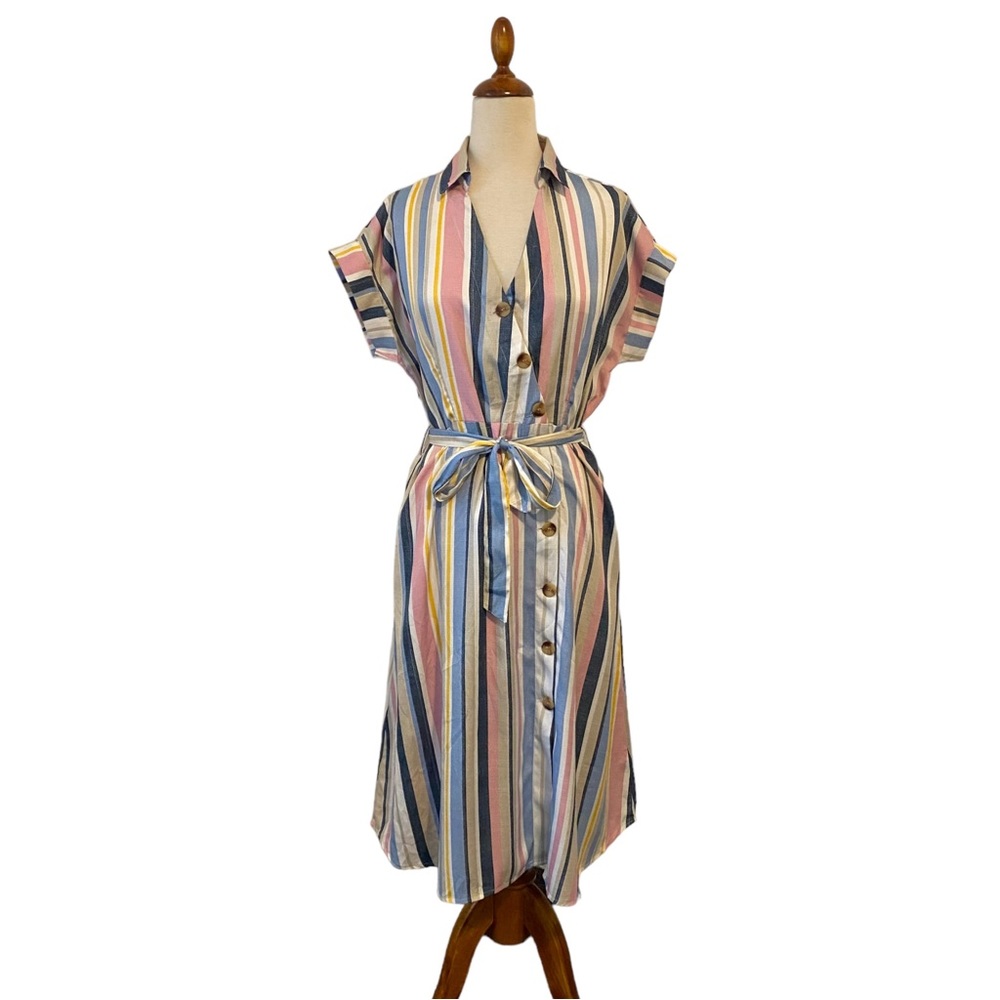 Song of Style Vertical Striped Button Front Waist Tie Dress